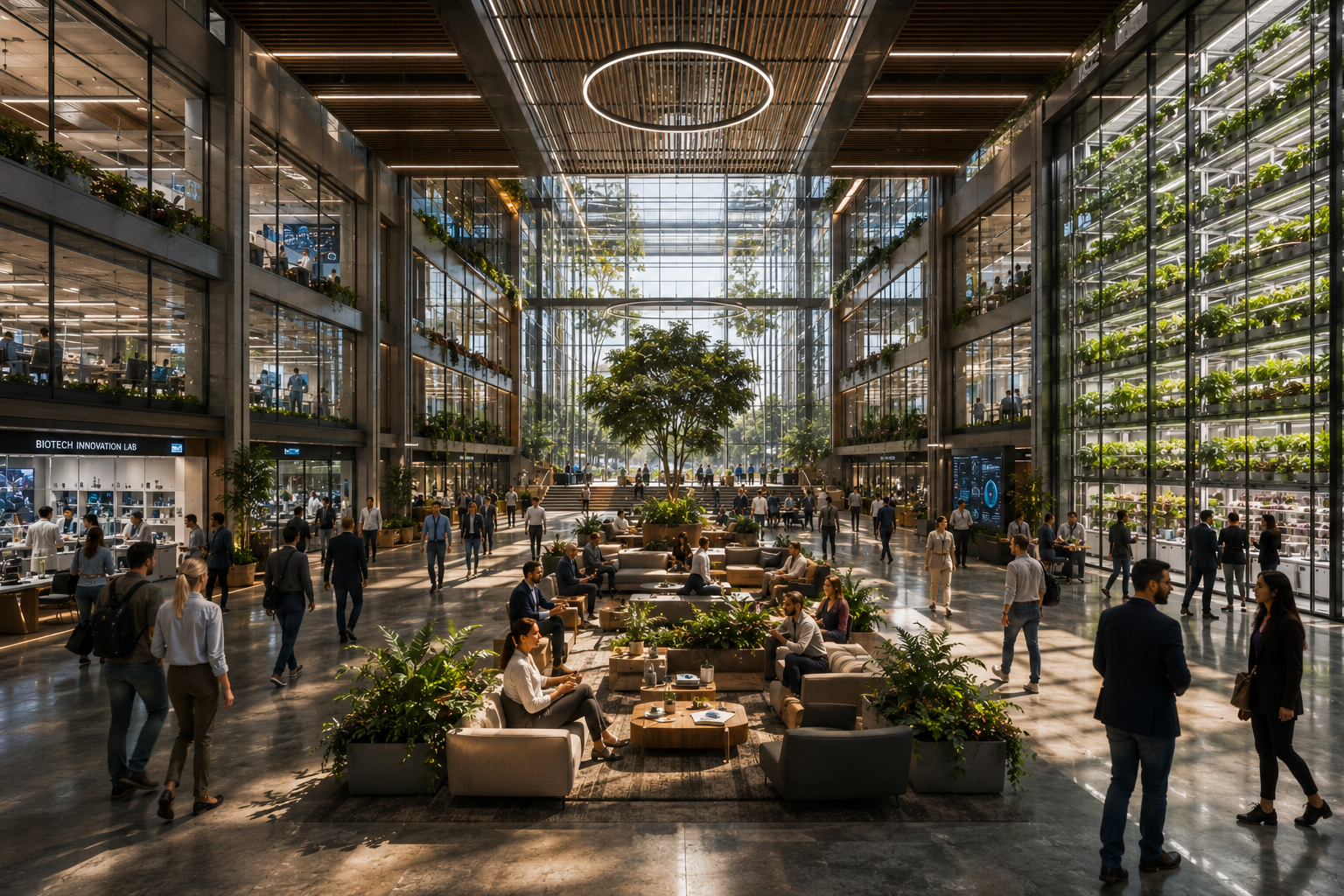 interior view of an larger office building lobby with workers walking around and sitting on furniture