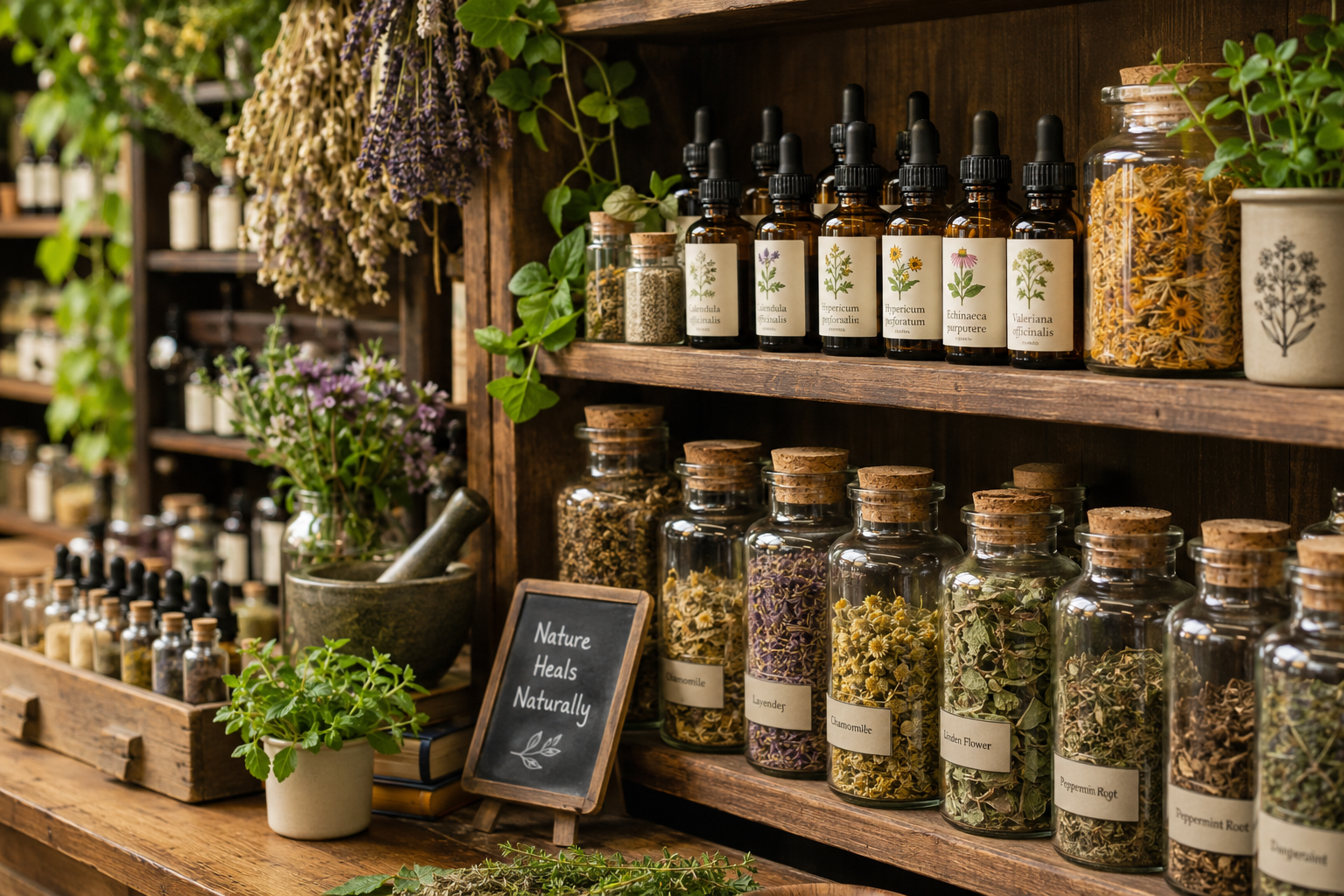 natural herbal remedies being displayed in glass containers on shelves