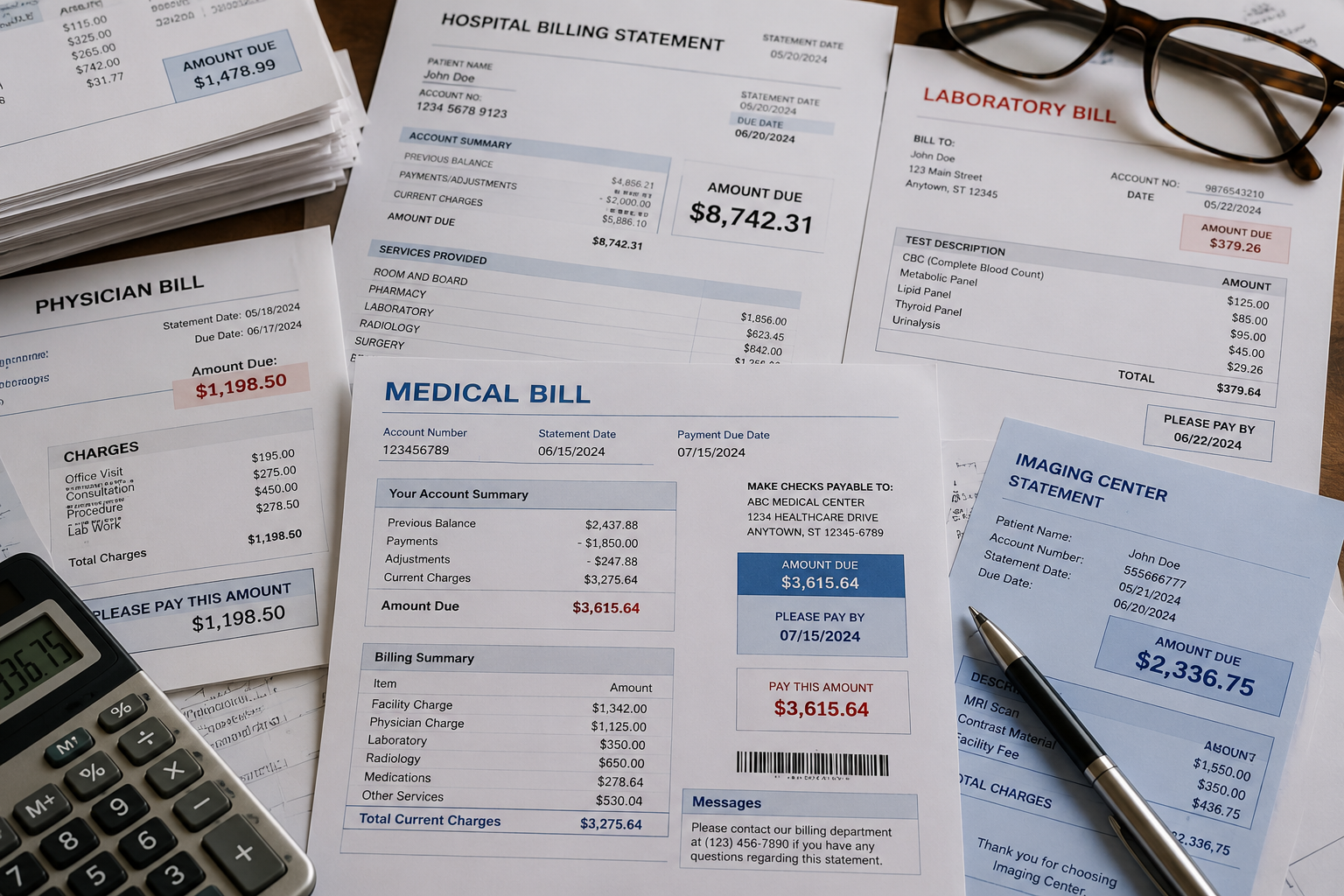 medical bills with costs displayed on paper