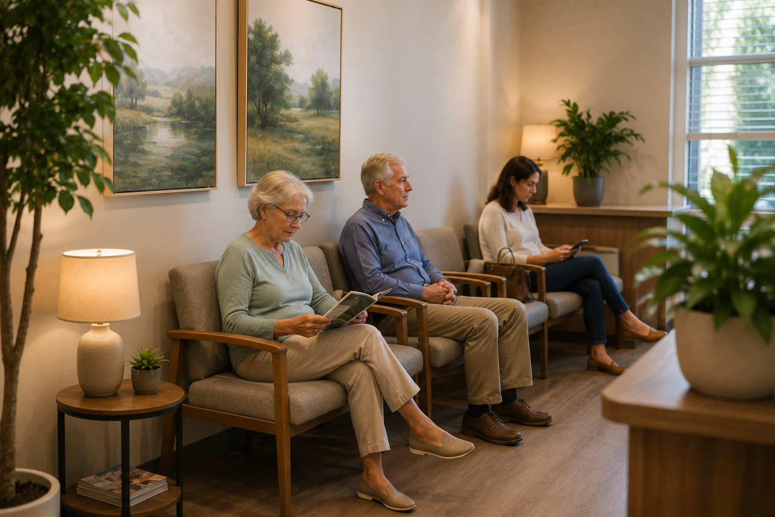 patients filling out forms in hospital waiting room