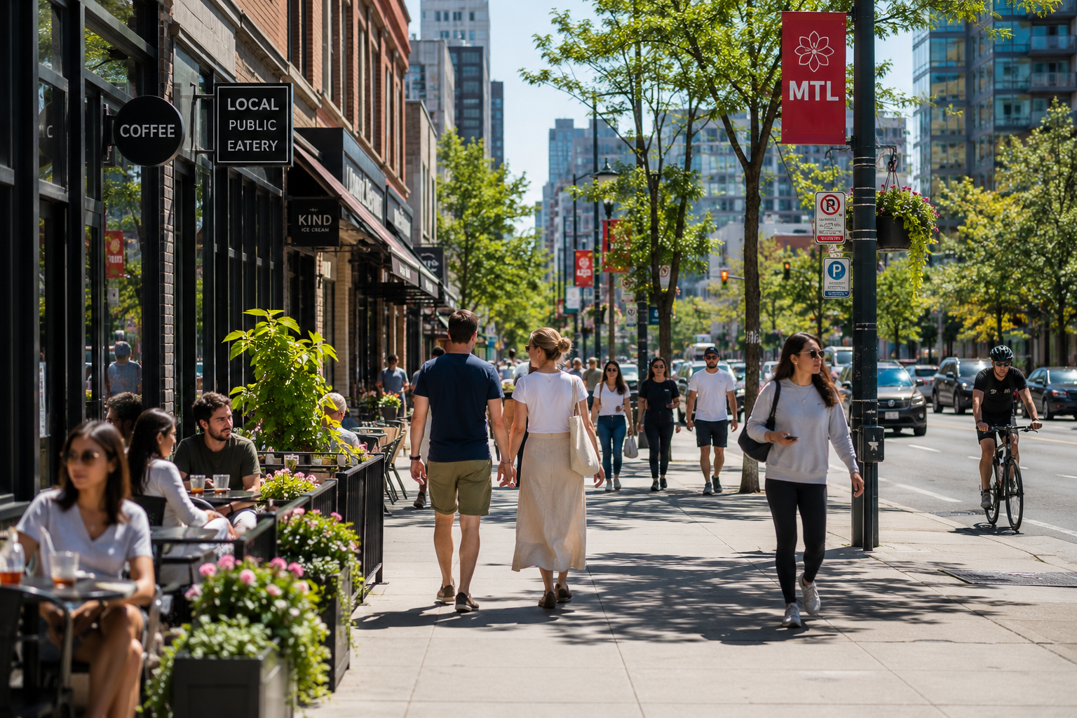 Canadian street with people sitting outside and walking on sidewalk