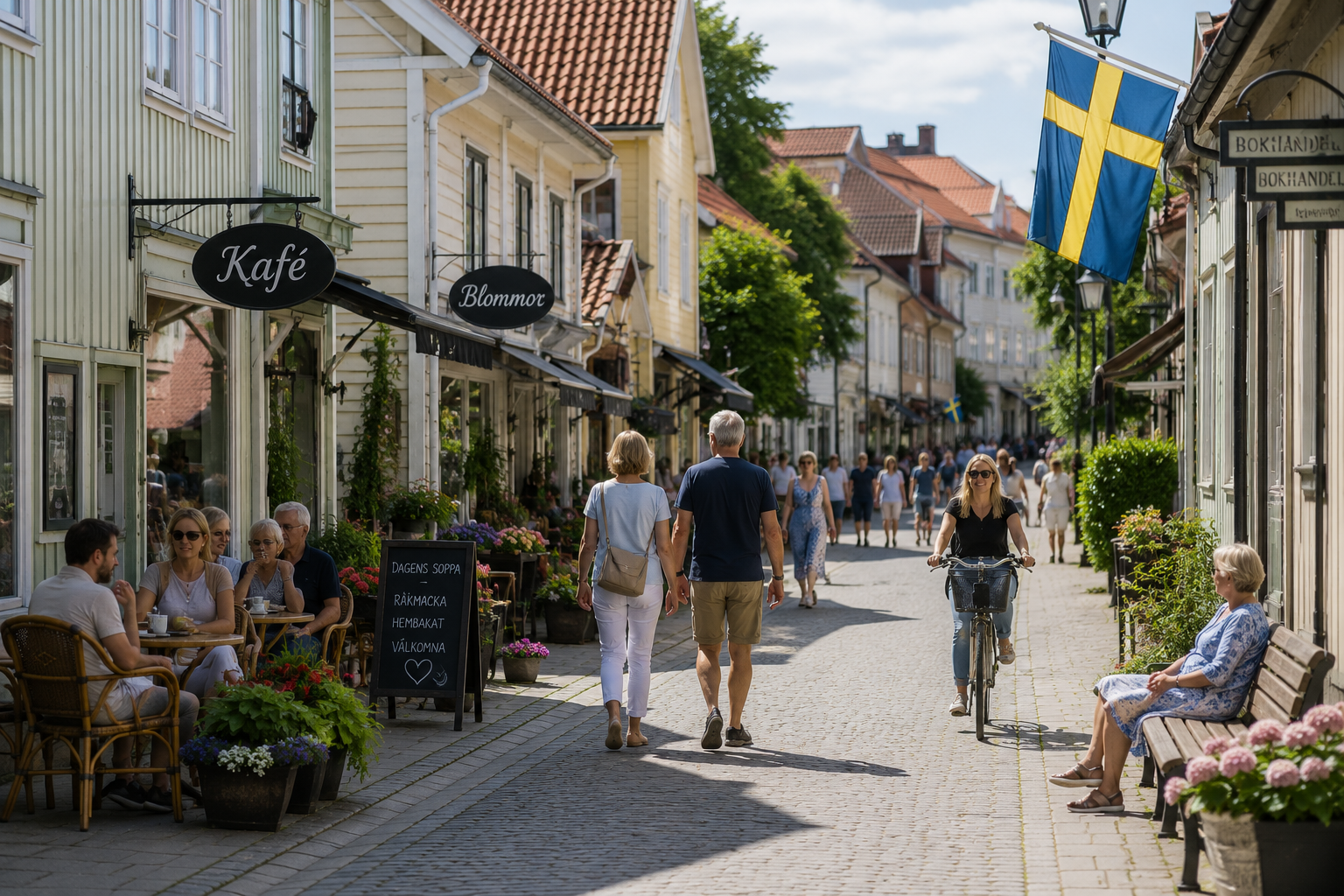 street in Sweden with people walking on a pedestrian walkway