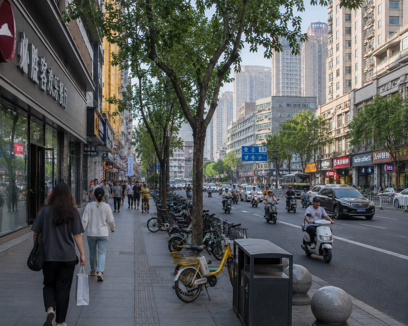 street in China with people walking on sidewalk and scooters driving in the street