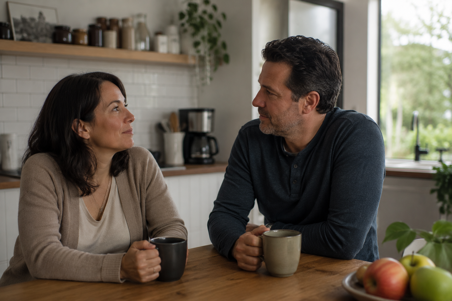 American couple sitting in their kitchen with cups of coffee on table