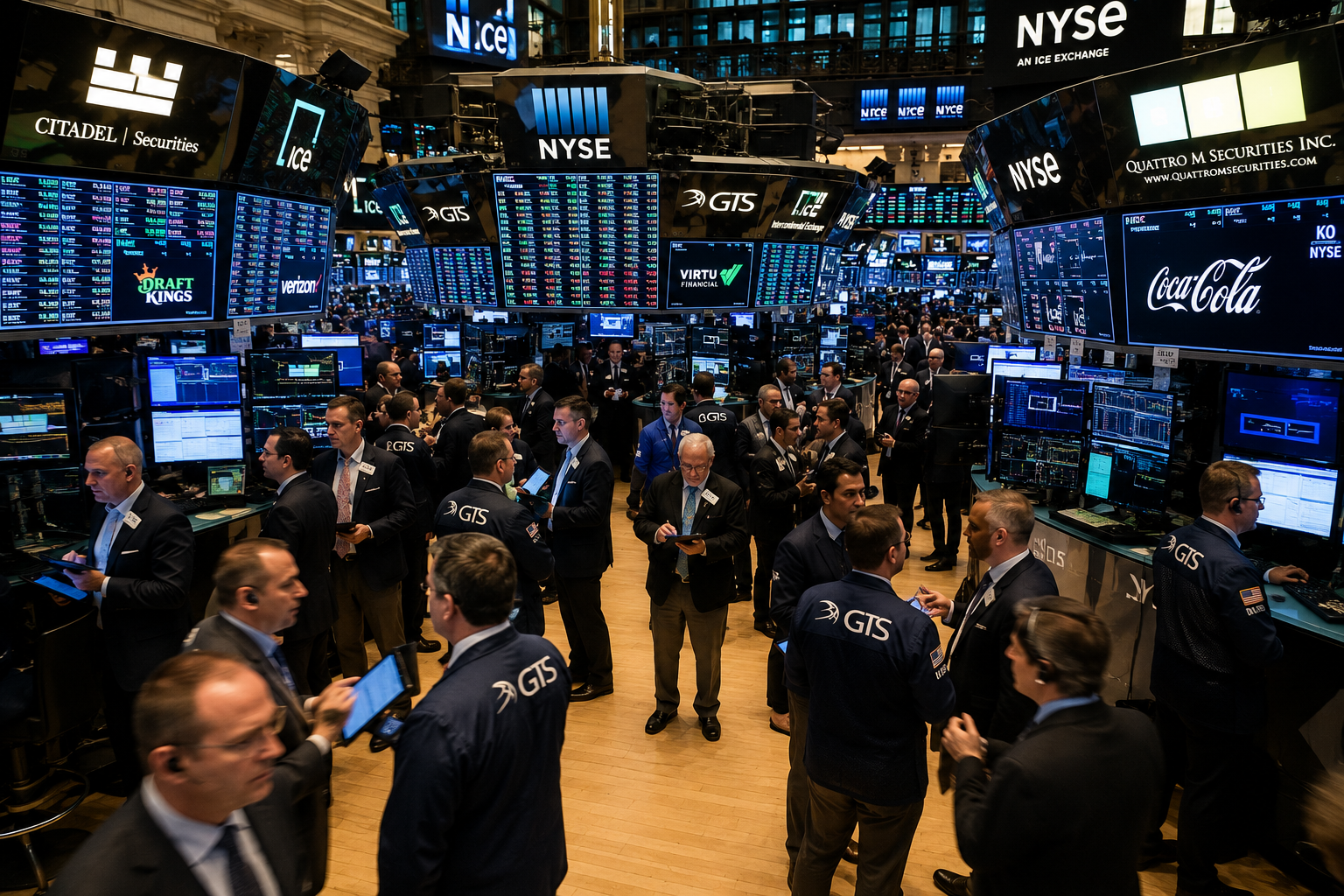 Wall Street trading room floor with people checking stock prices