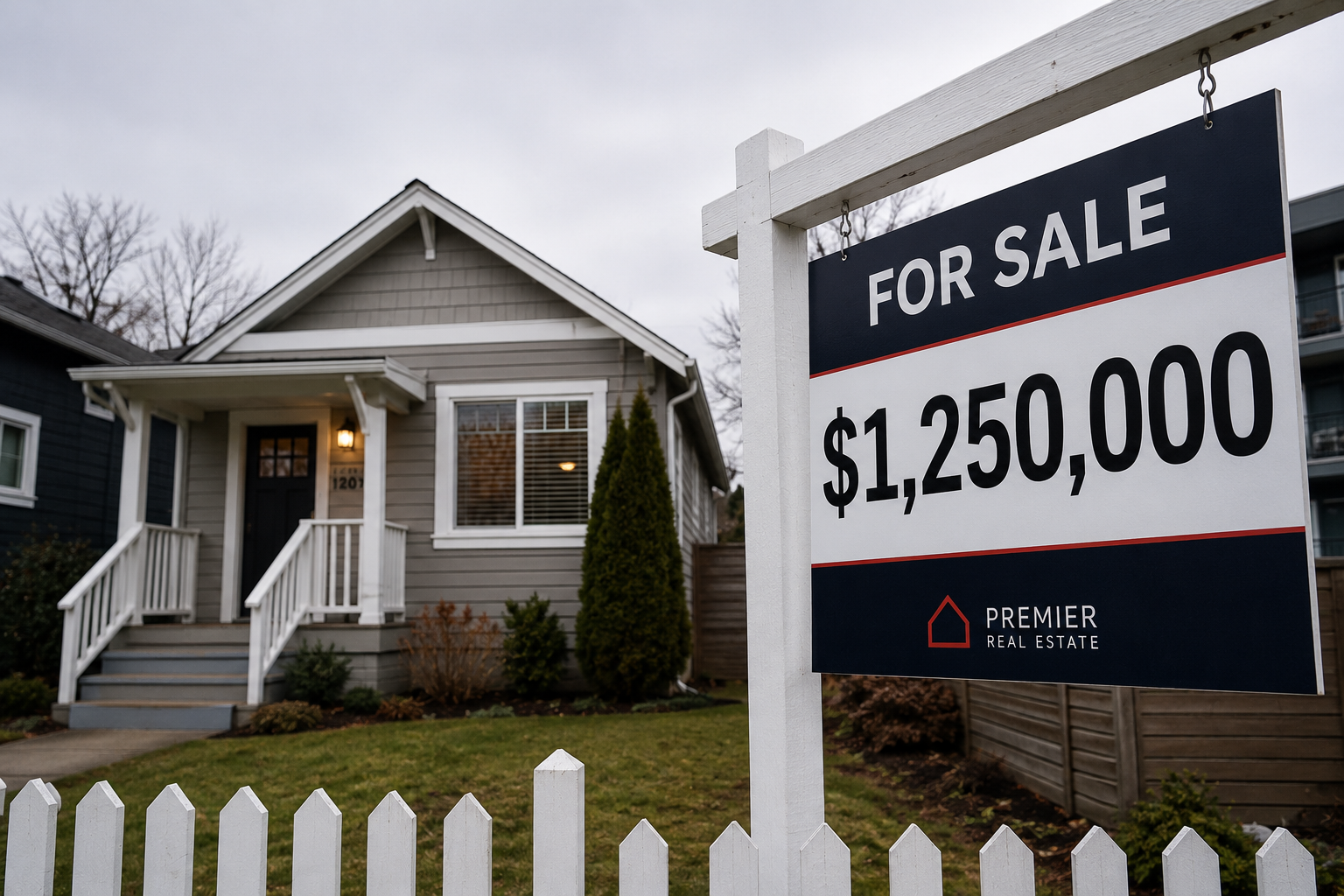conservative house with for sale sign that reads $1,250,000