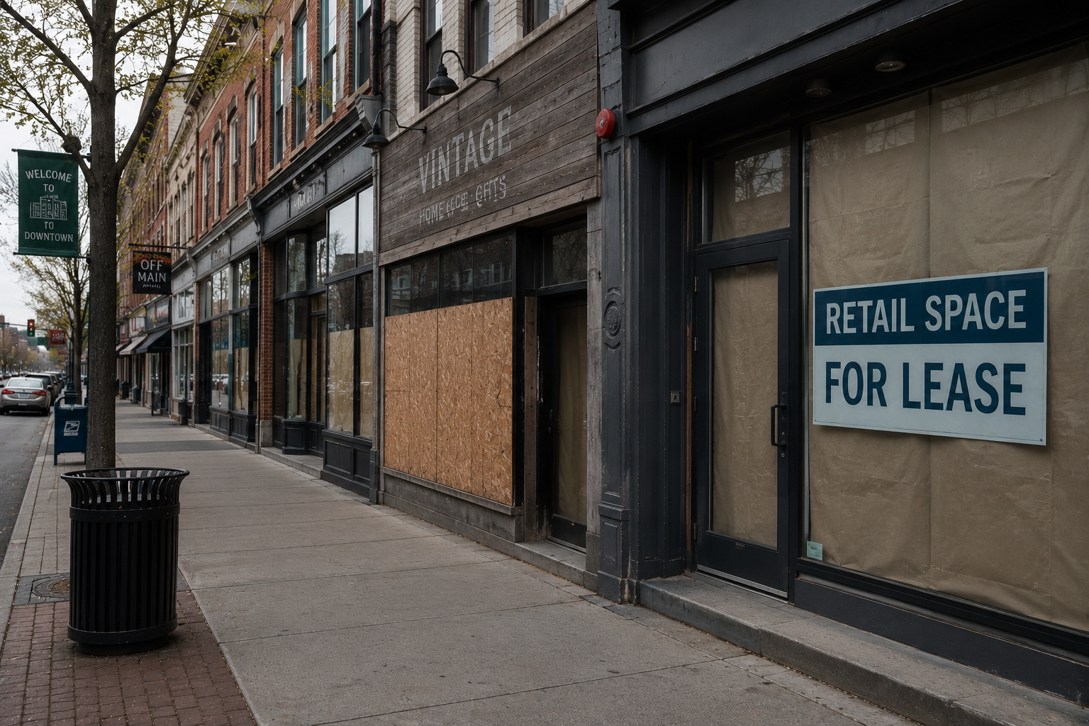 downtown street with shops boarded up