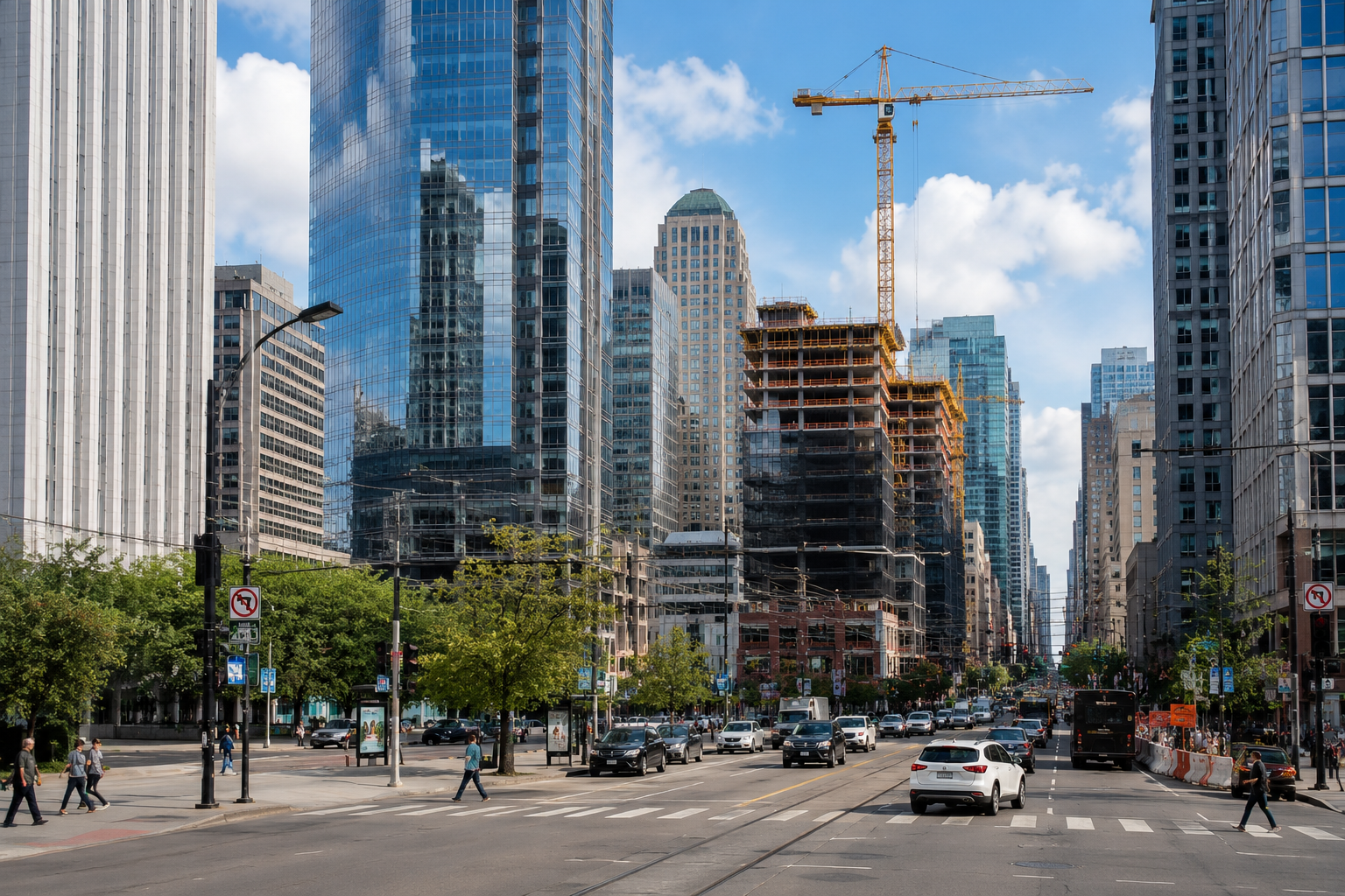 downtown city street with people walking around, cars driving and construction in the background