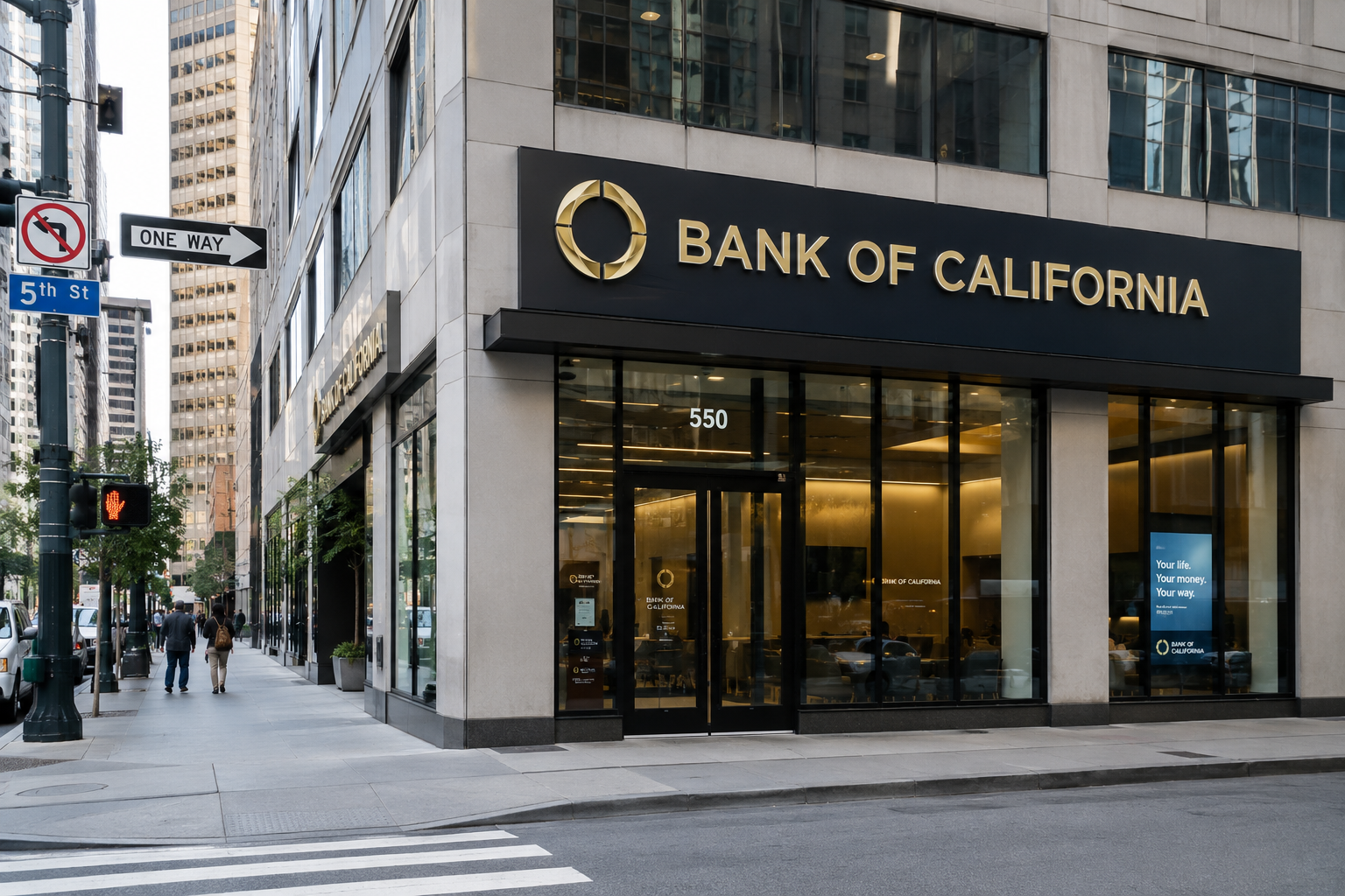public bank reading "Bank of California" in gold lettering across the front of a building