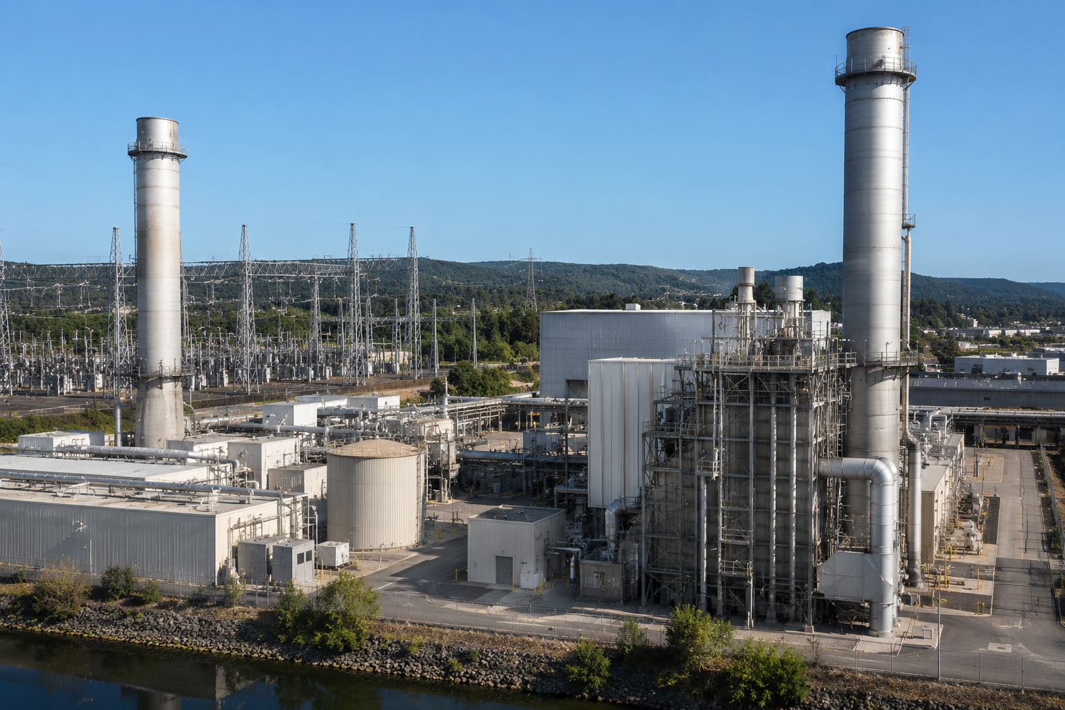 electric energy power plant in a rural area with rolling green hills in the background