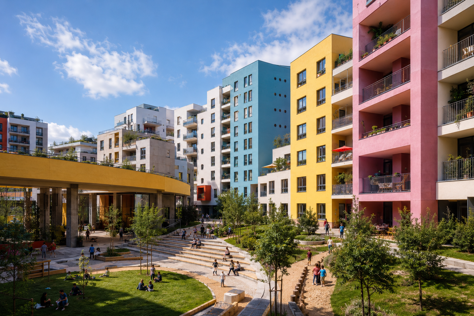colorful public housing project with children playing in a courtyard covered in lush green space