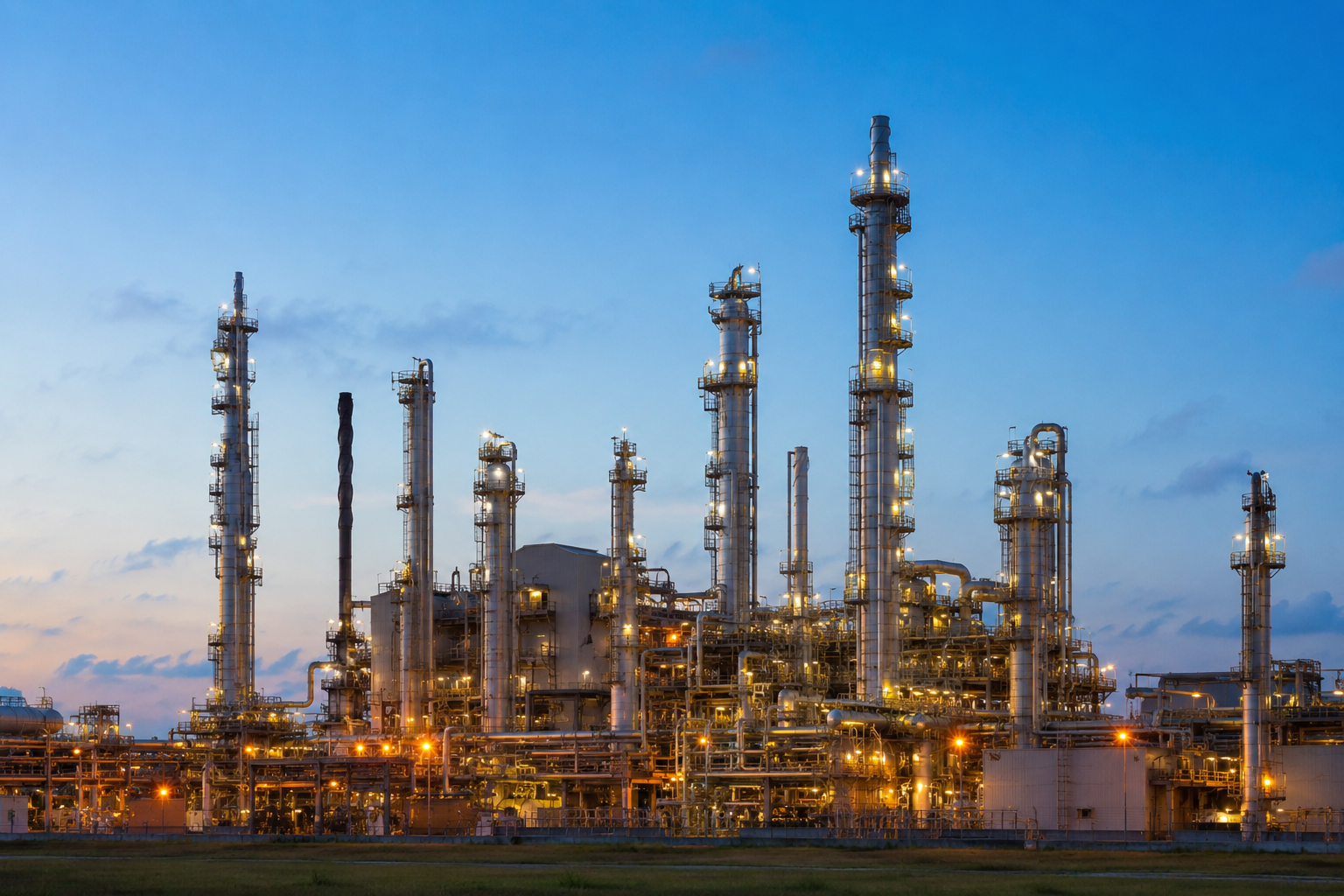 oil refinery with lights on exterior exhaust stacks