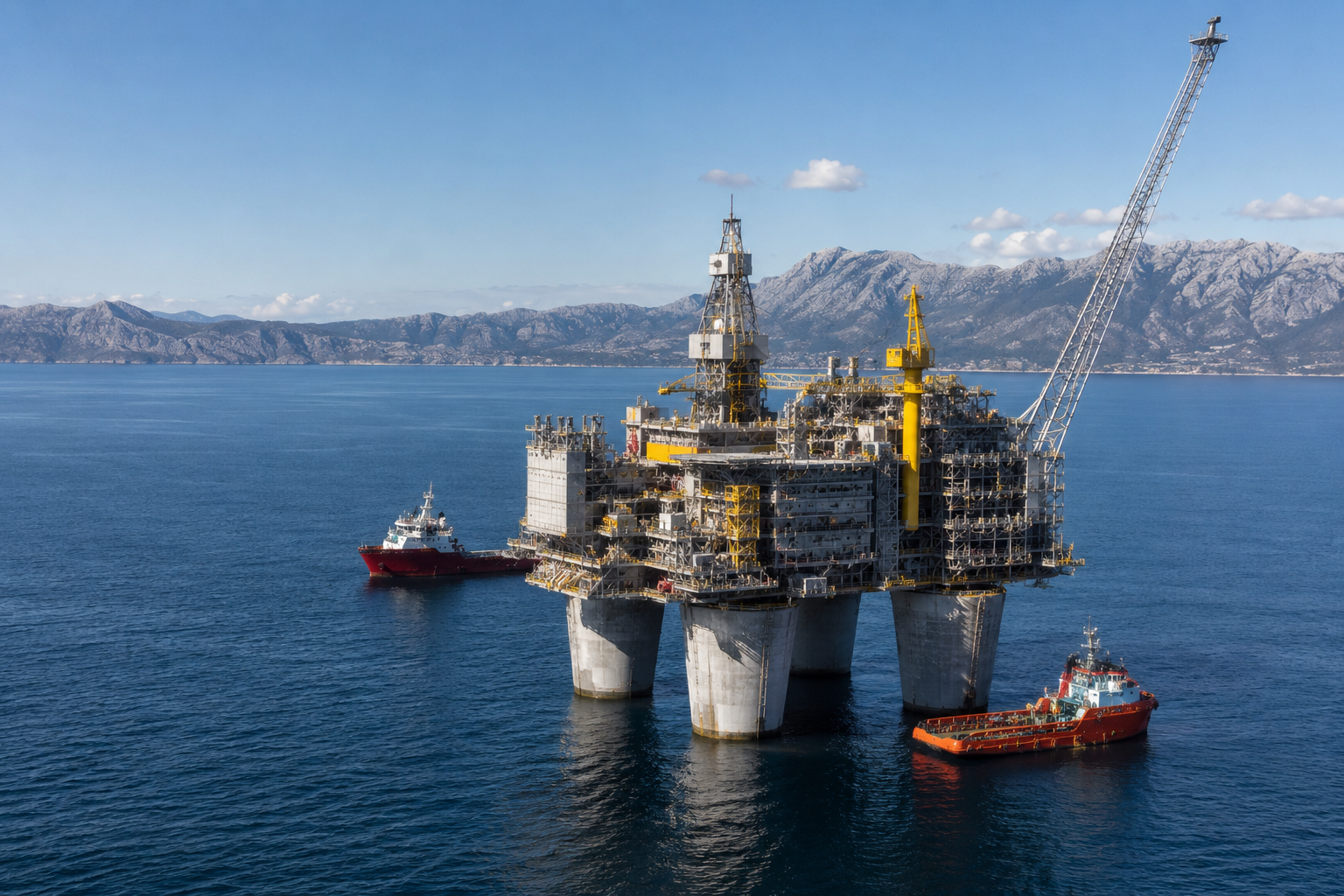 off-shore oil rig in the ocean with support boats nearby