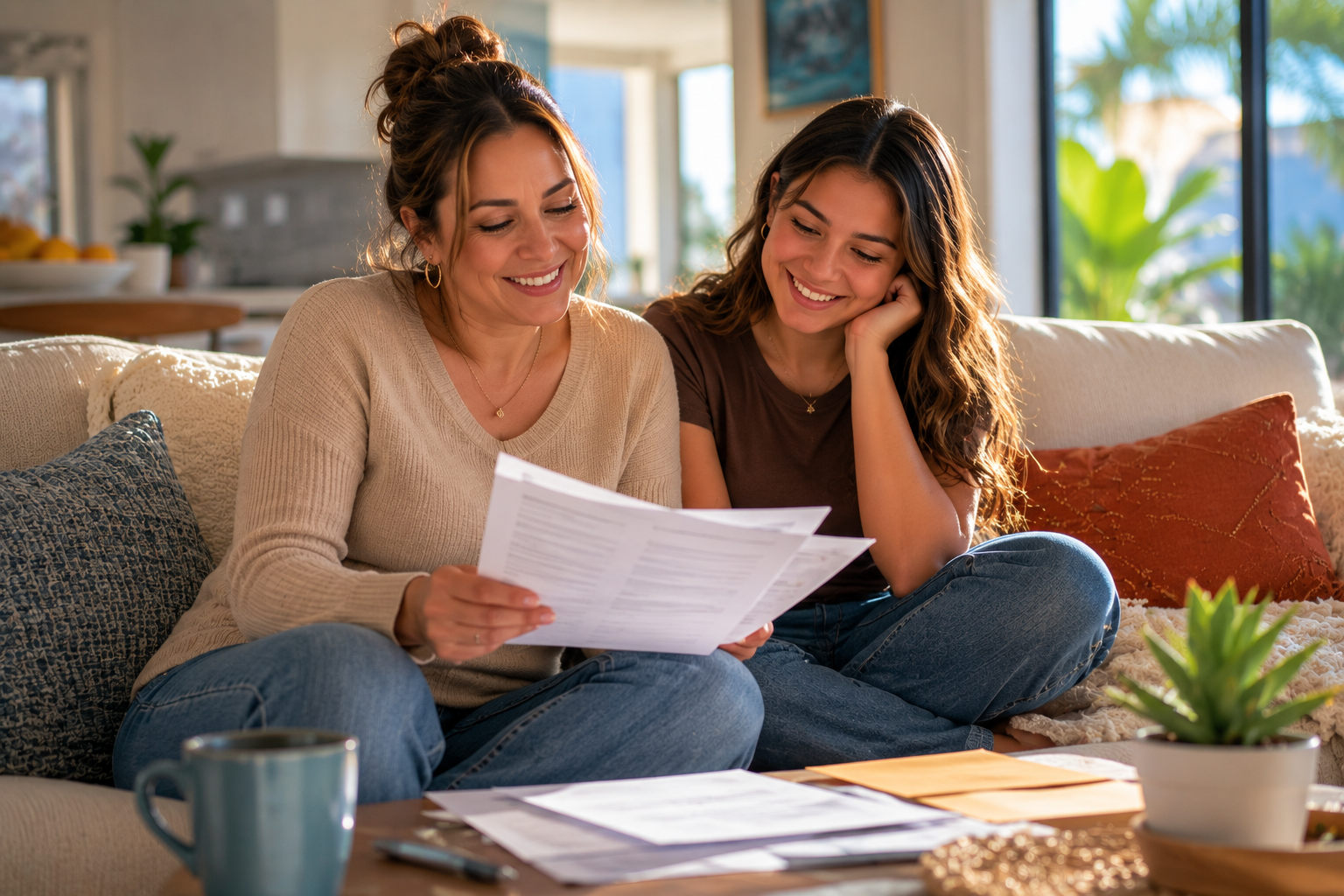 mother and daughter sitting on a couch at home smiling as they look at medical paperwork