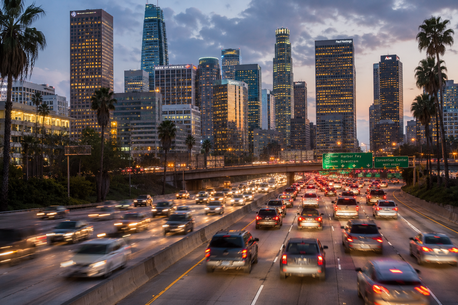 downtown Los Angles freeway with cars driving on the freeway