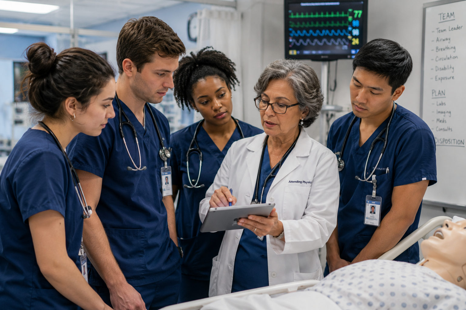 medical students learning from a professional doctor in a university hospital