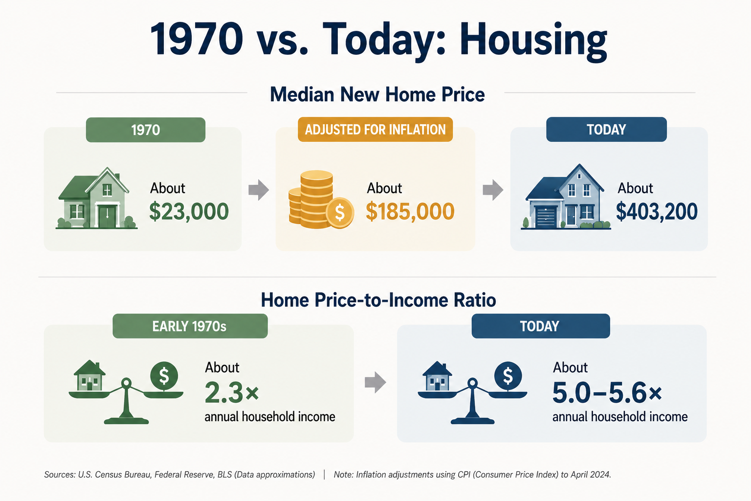 1970 vs. Today: Housing Median New Home Price 1970: About $23,000 Adjusted for inflation: About $185,000 Today: About $403,200