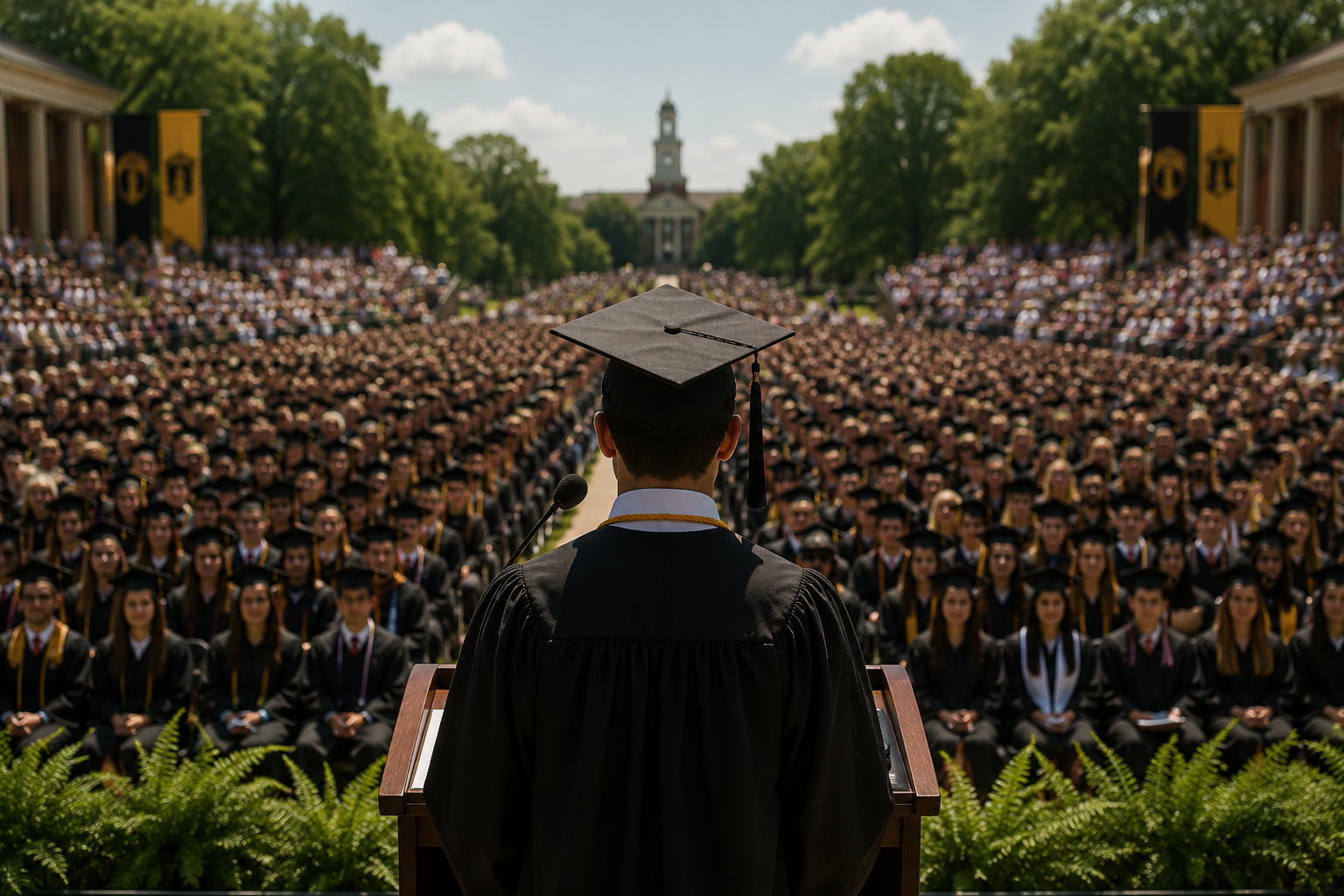 college graduation ceremony looking out into the crowd from podium
