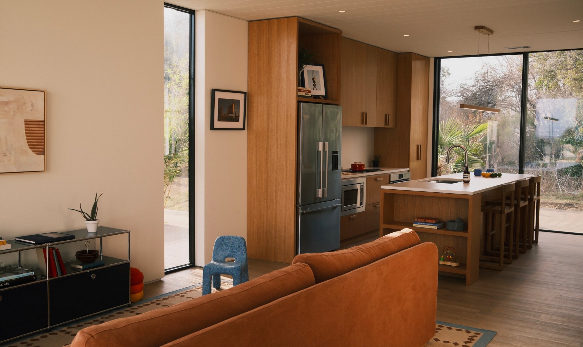 interior view of the living room and kitchen areas