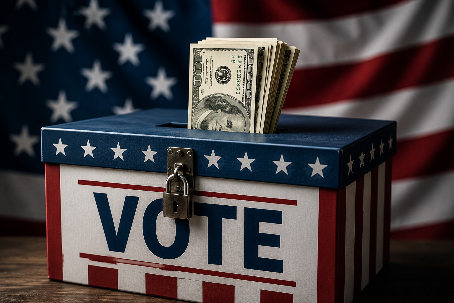 voting box stuffed with dollar bills