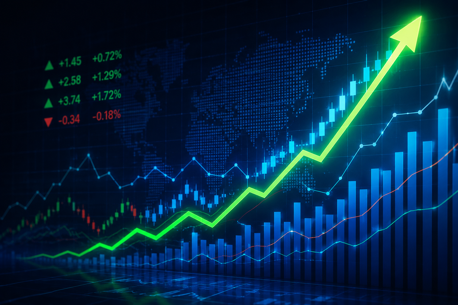 stock trading graphic with green price line going up to the right