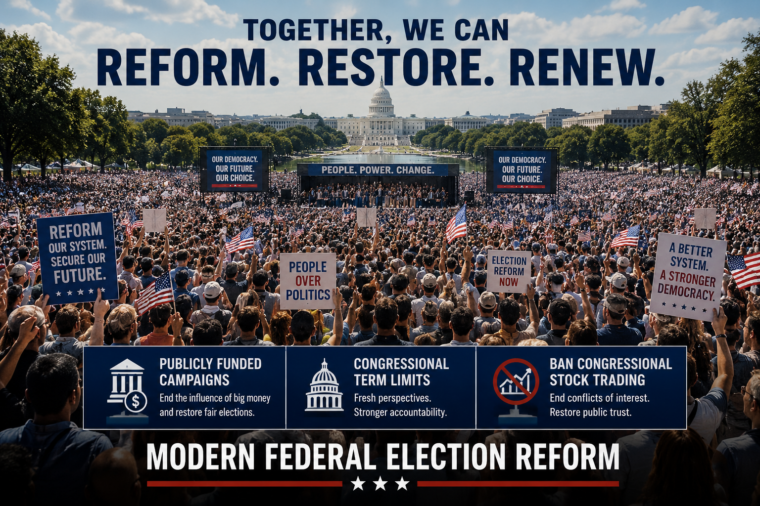 people at a rally holding signs together we can reform restore renew modern federal elections reform