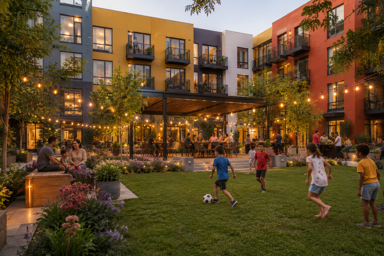 children playing and families gathering in a community courtyard
