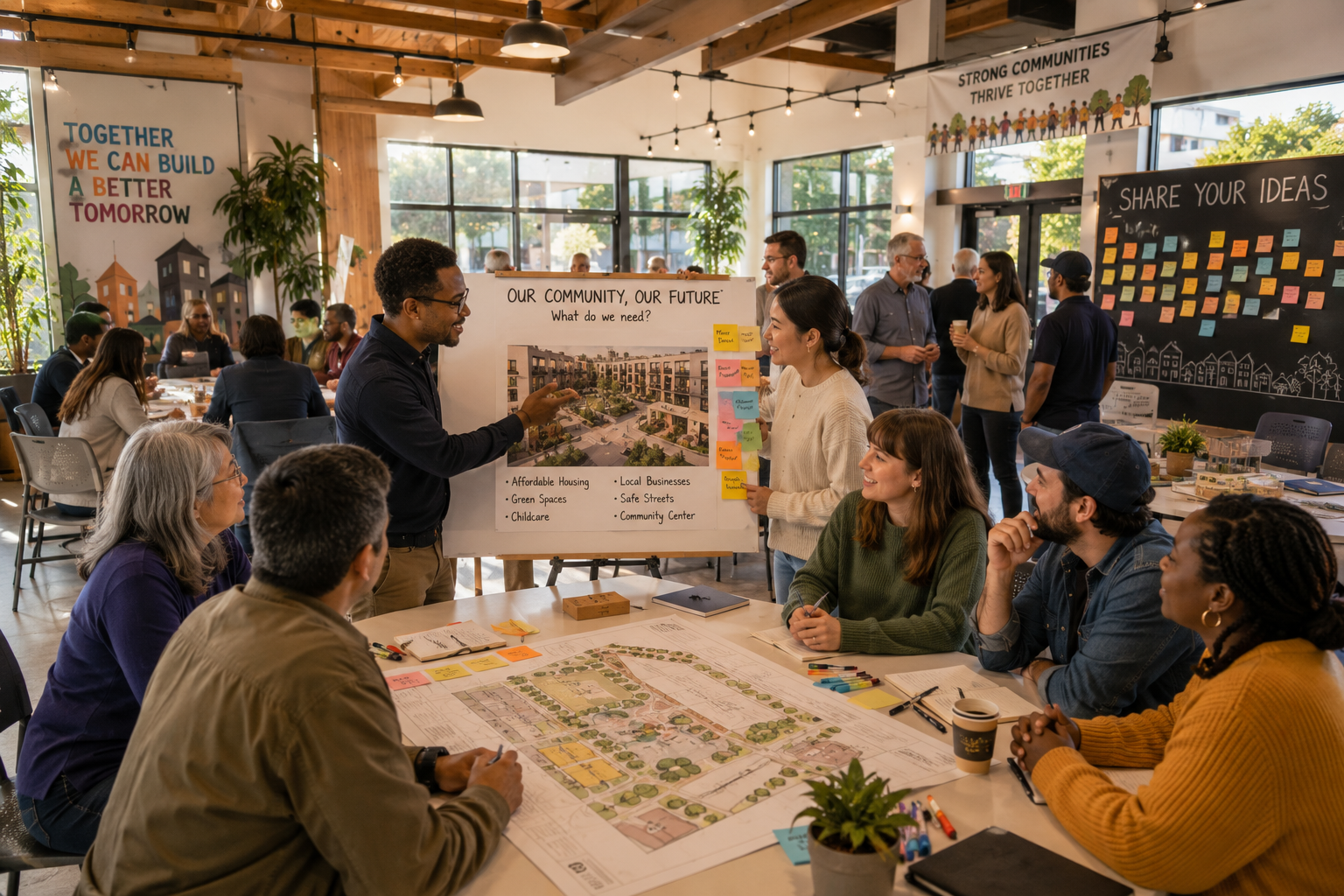 group of people gathered around a community meeting room reviewing plans