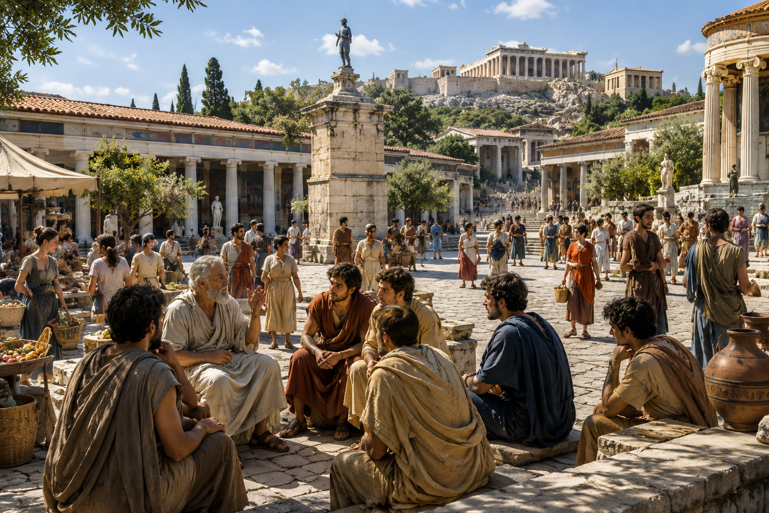 Ancient Greek philosophers teaching in a busy public square