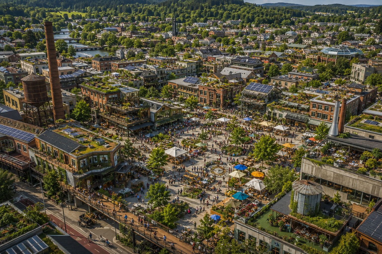 eco-village town square featured in the middle of a larger green town
