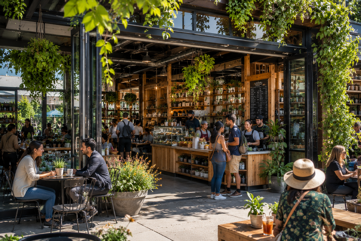 people enjoying an outdoor patio area of a local shop