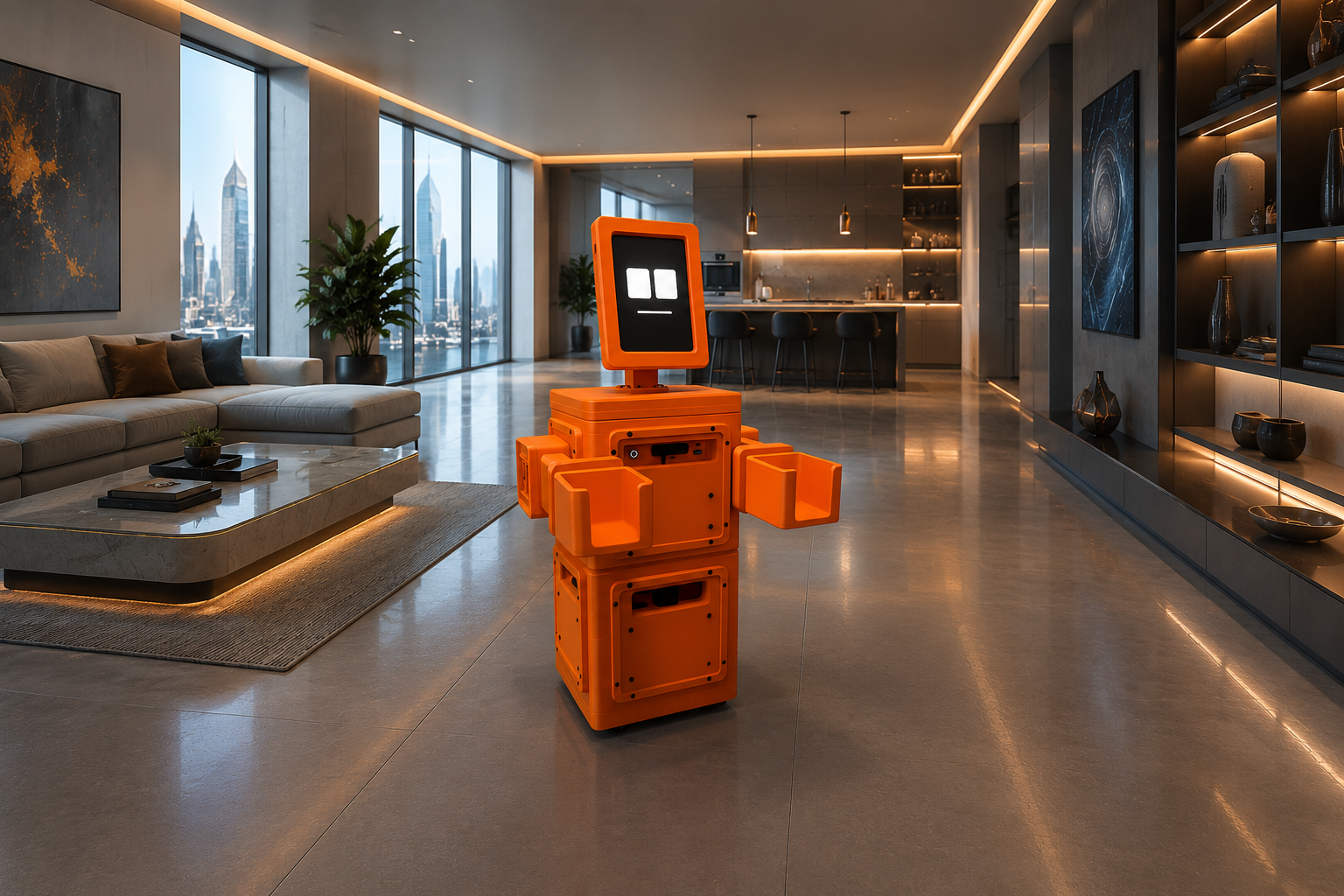 orange robot standing in the center of a modern penthouse apartment