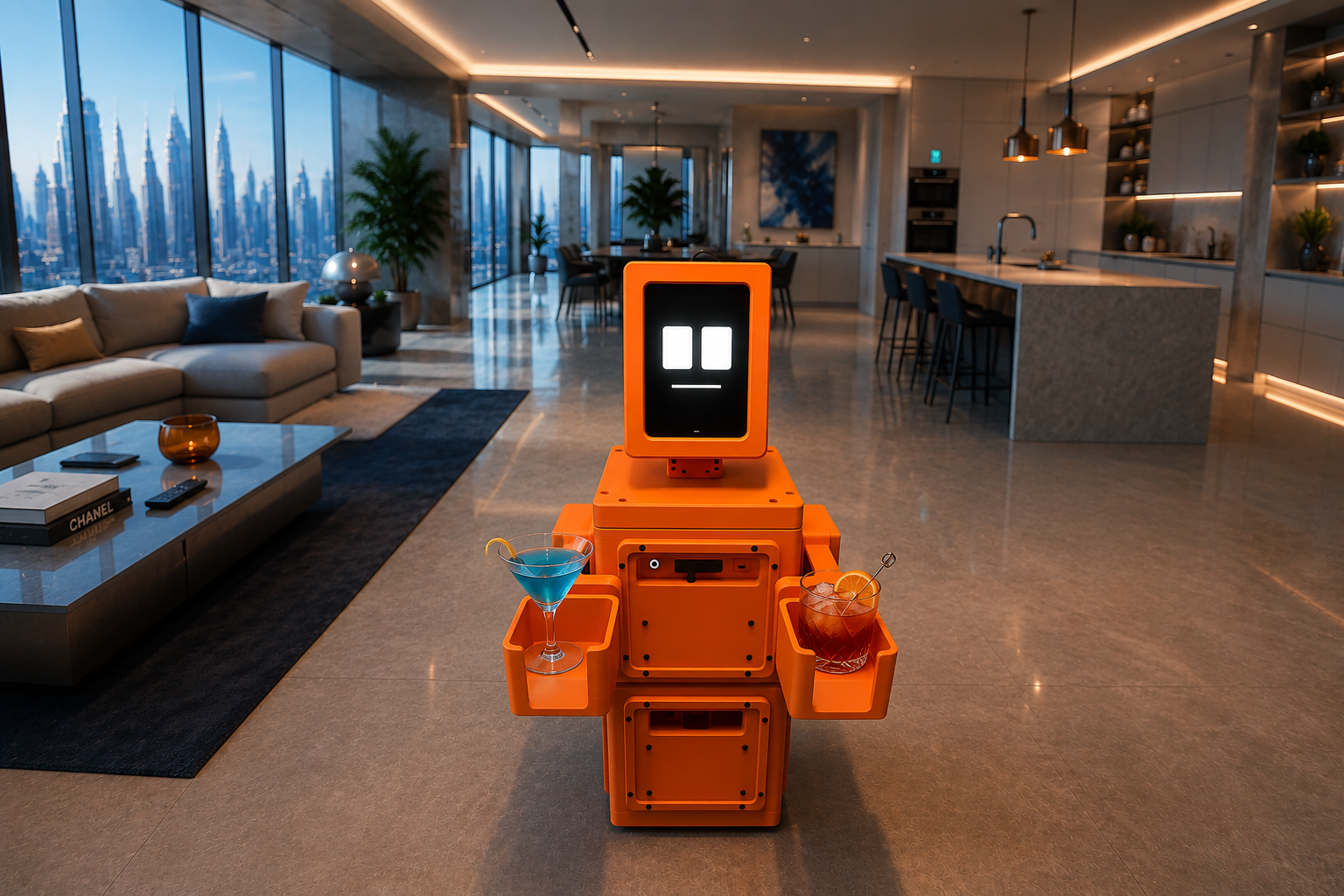 orange robot delivering drinks in a spacious penthouse apartment