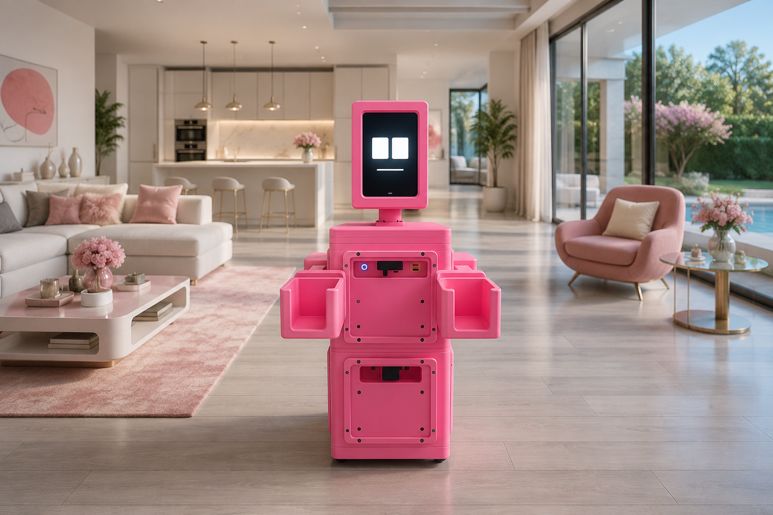 pink robot standing in a soft feminine living room