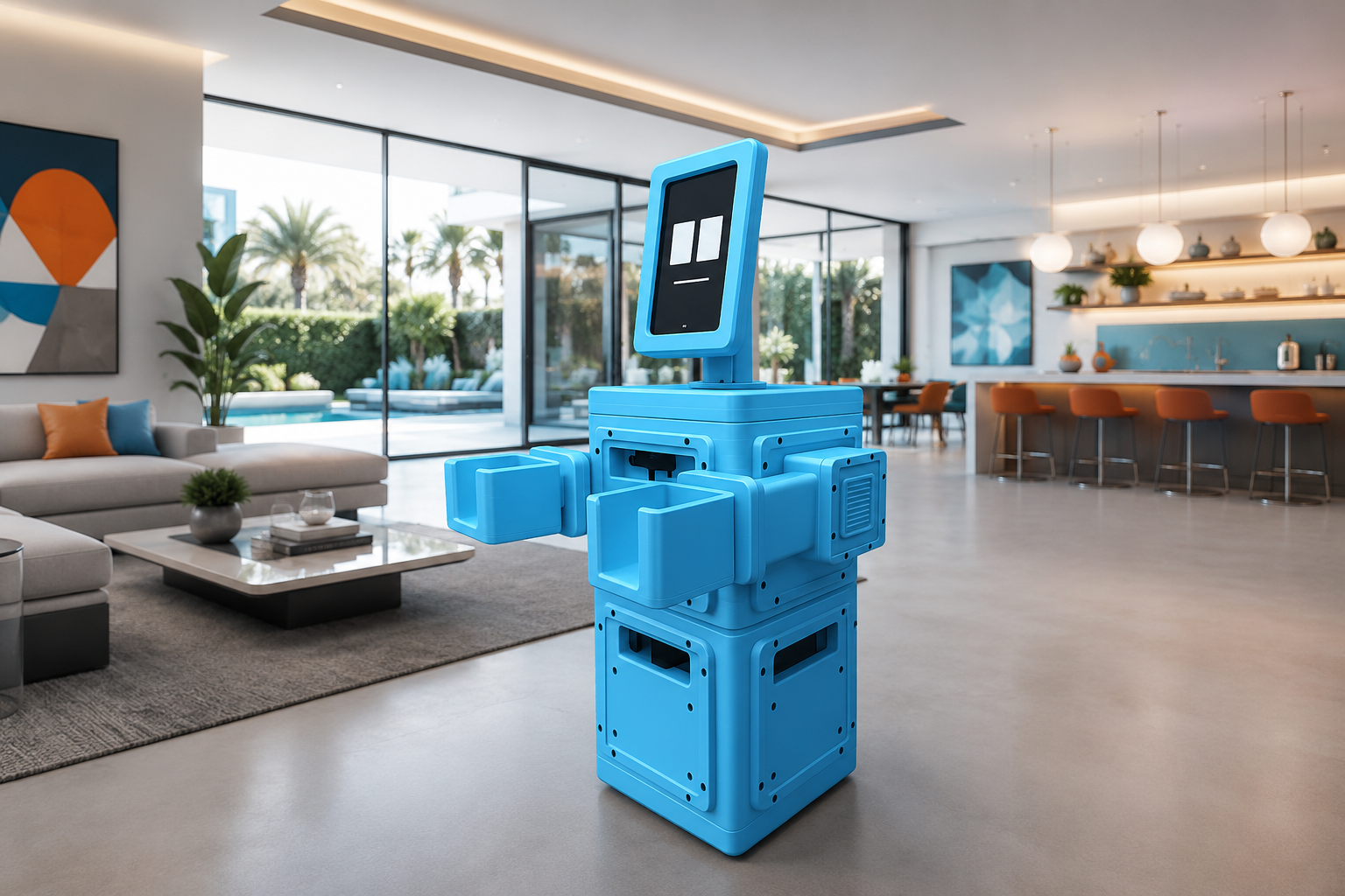 blue robot standing in a modern home