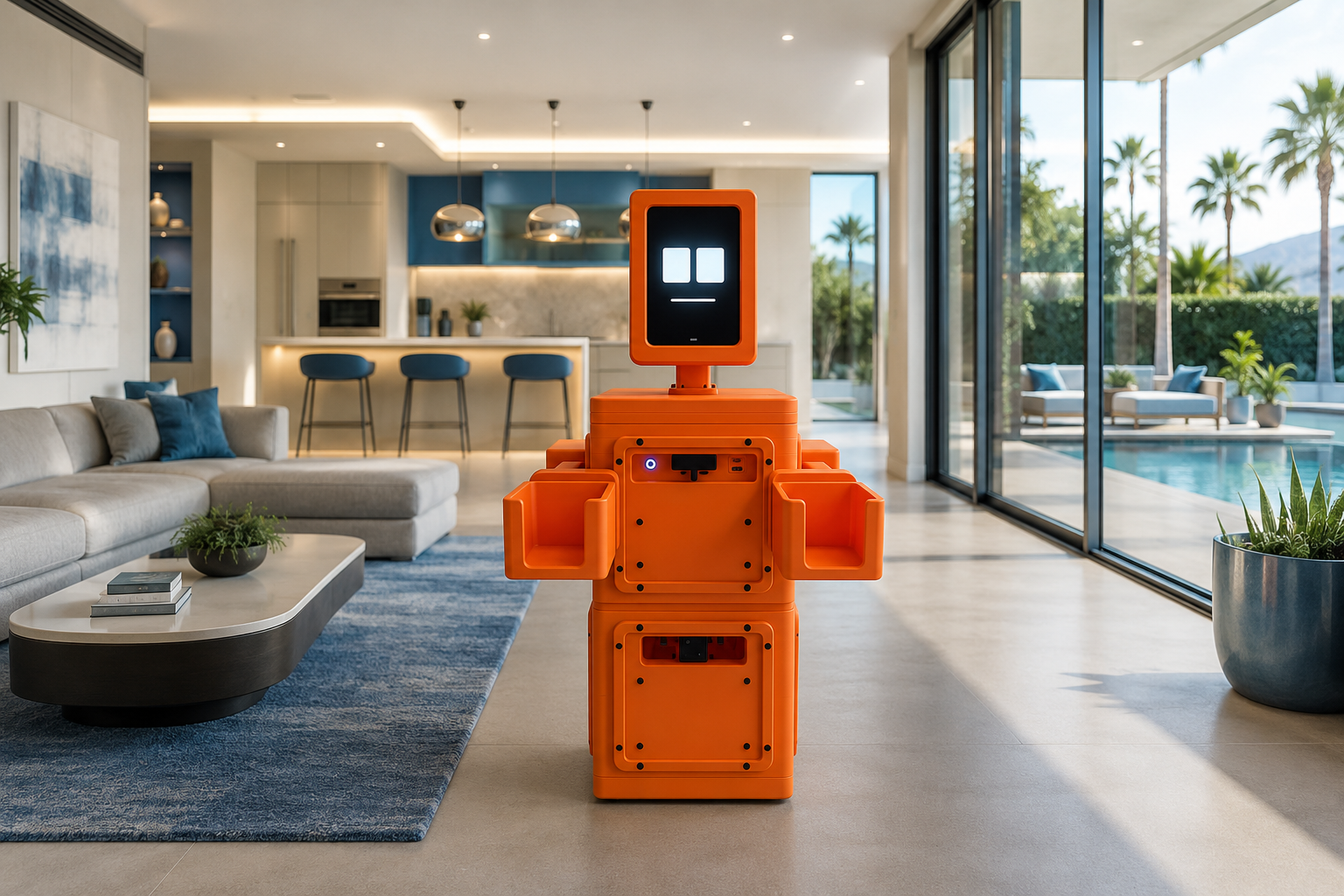 orange robot standing in a modern home