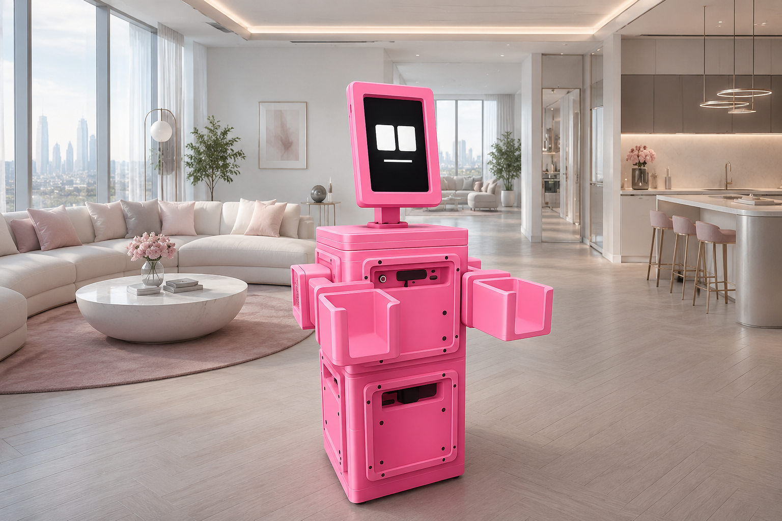 pink robot standing in a soft feminine penthouse apartment