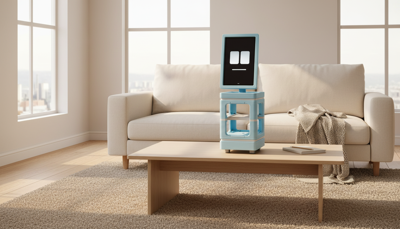 small bllue robot standing on a coffee table in a living room