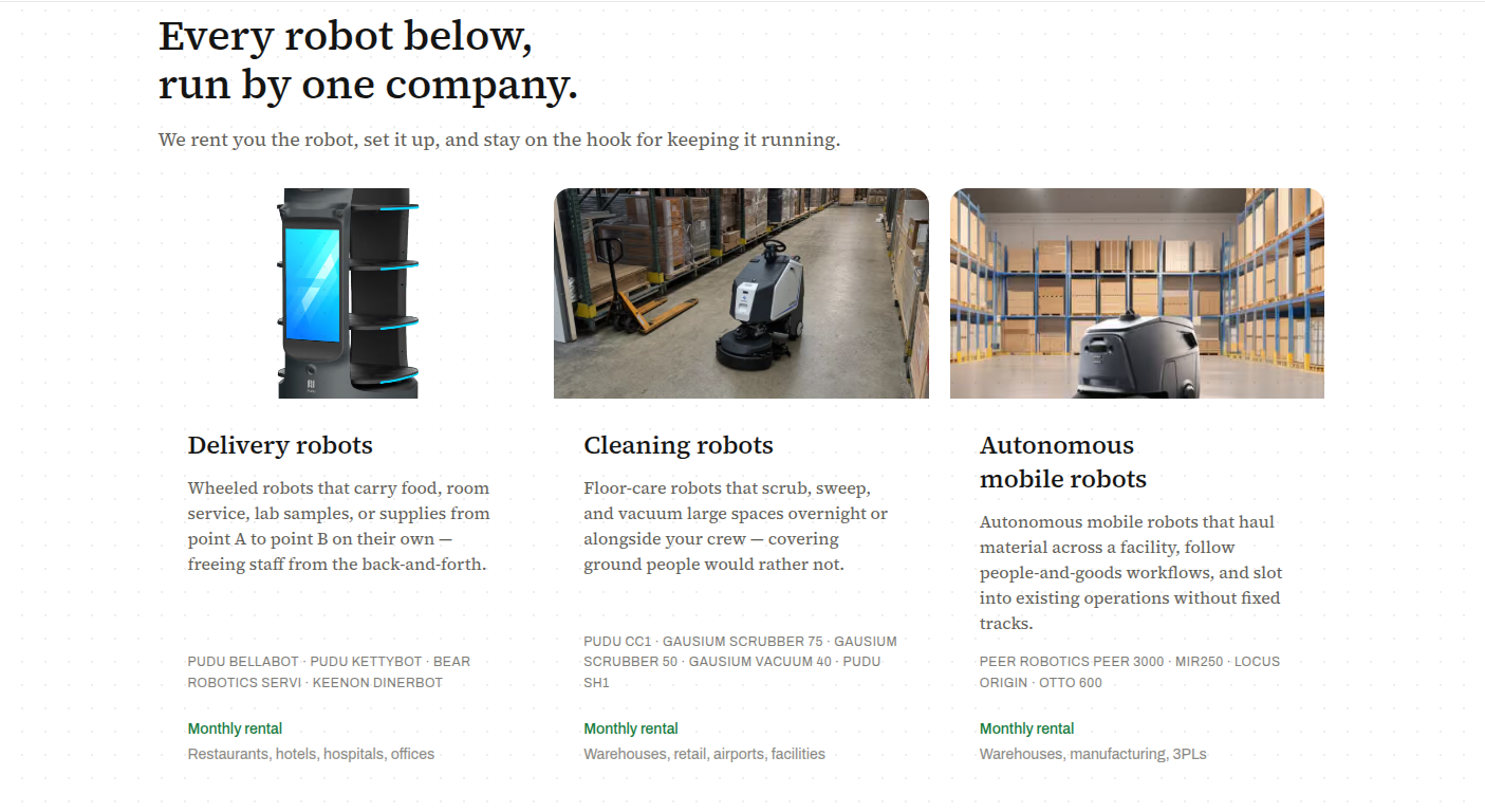 Cleaning, delivery, inspection, material handling robots.