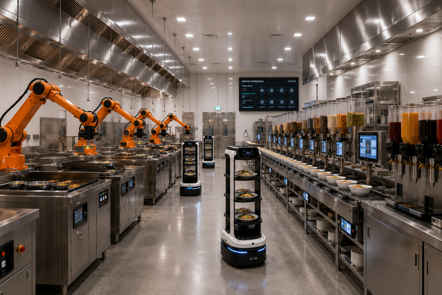 Automated systems cooking food and assembling completed bowls.