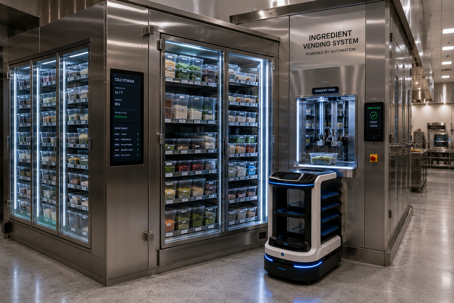 Automated cold storage systems connected to mobile robot delivery systems.