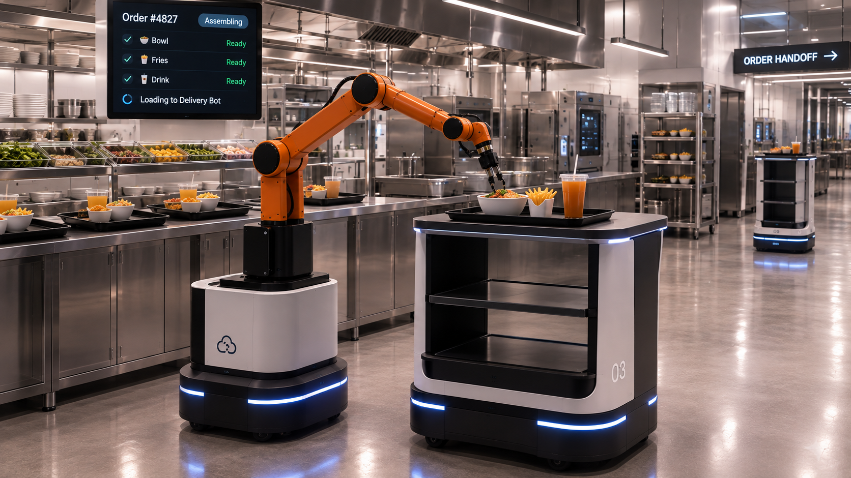 Final orders are transferred onto mobile delivery robots for table service.