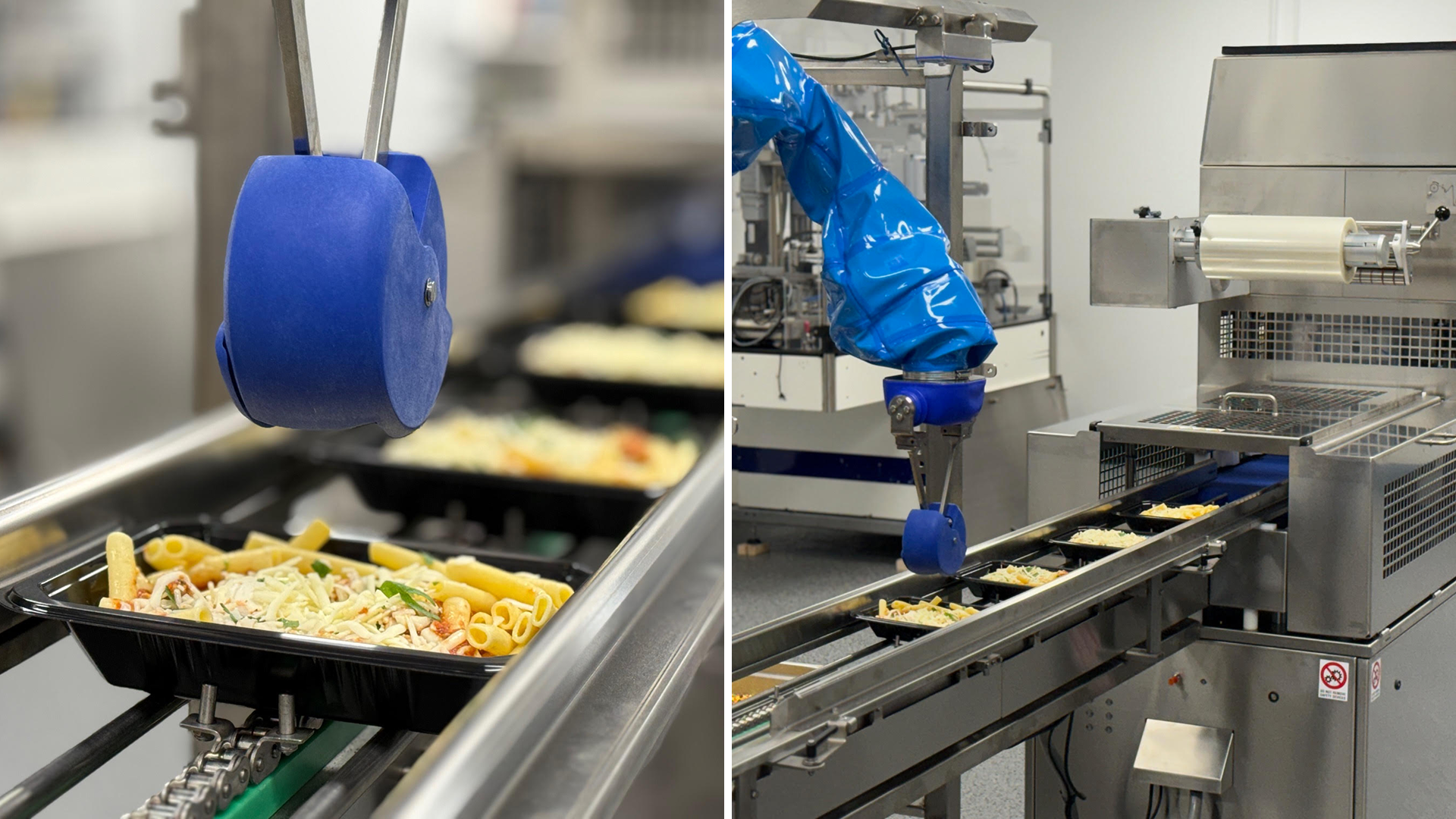 Chef robots deploying food portions into plastic containers on an assembly line.