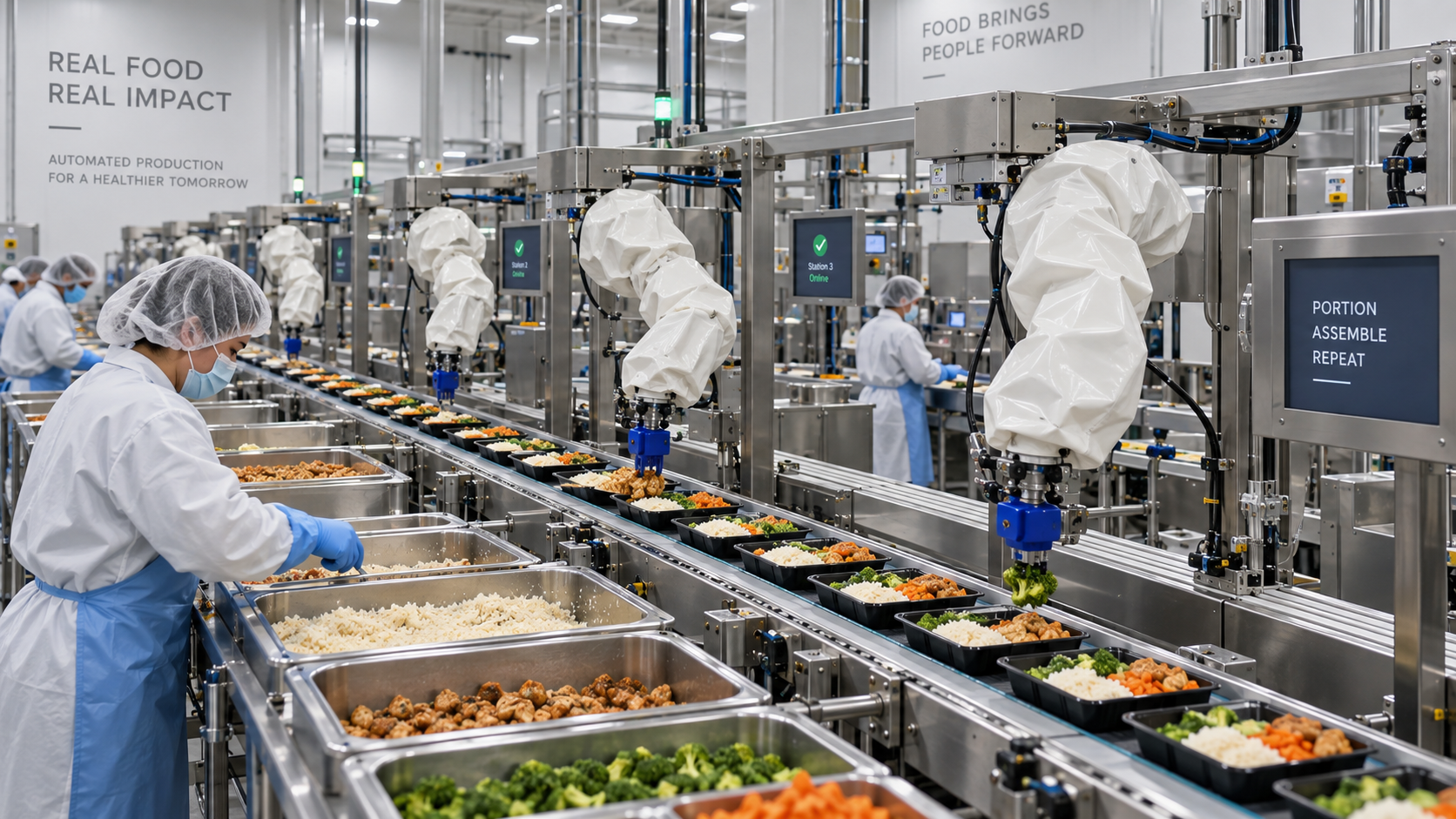 Automated robotic systems cooking food and assembling completed food containers.