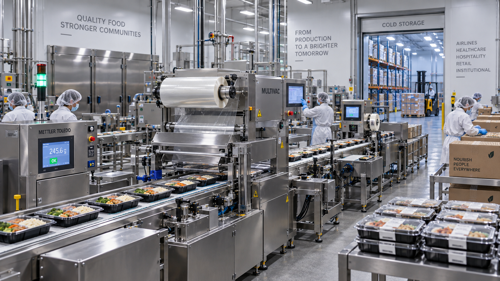 Food containers are sealed along assembly lines using conventional automated equipment.