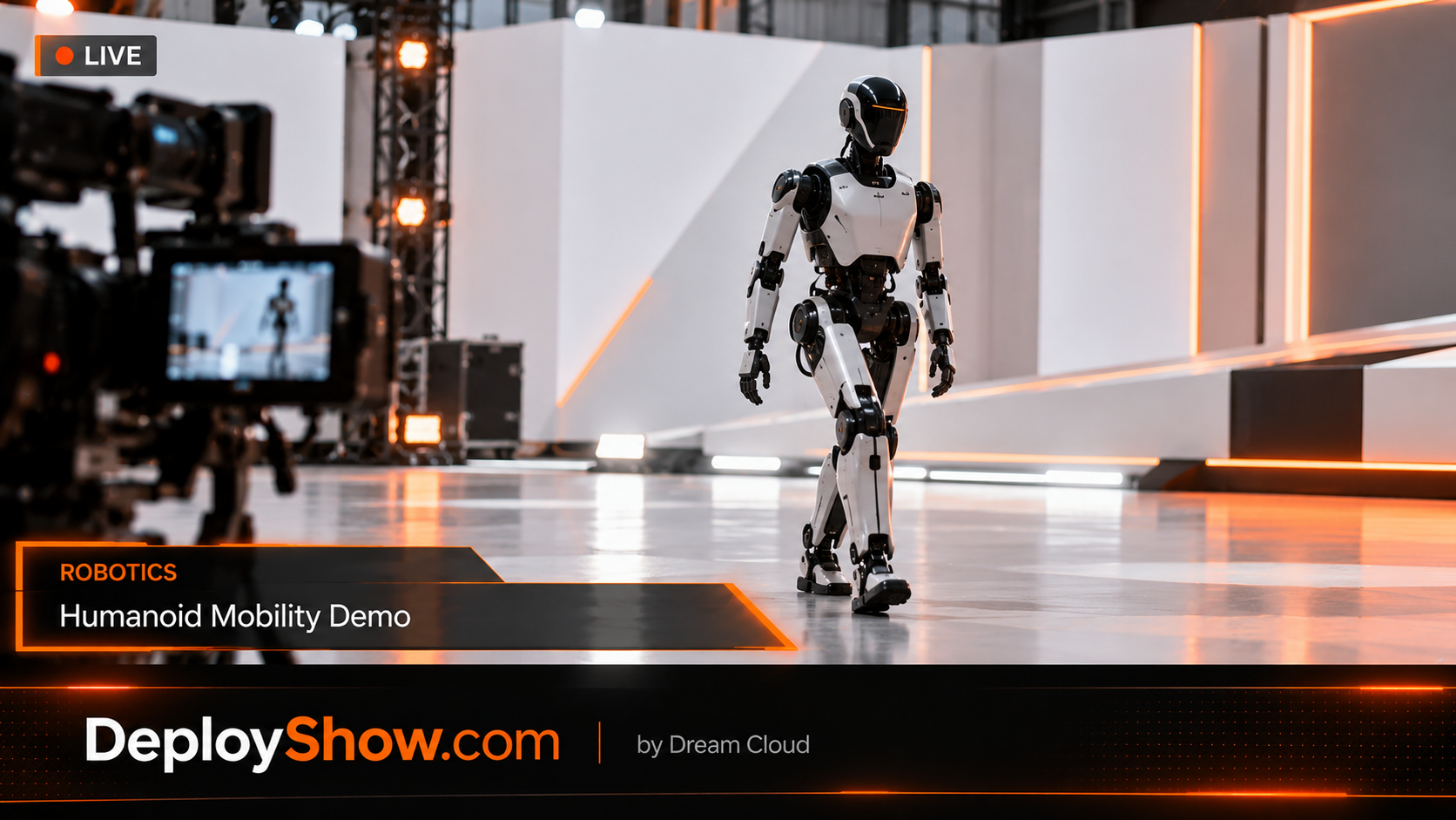 The Deploy Show Production Studio with a humanoid demo in progress.