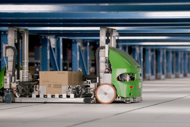Symbotic autonomous mobile robot for high-speed case transportation and retrieval.