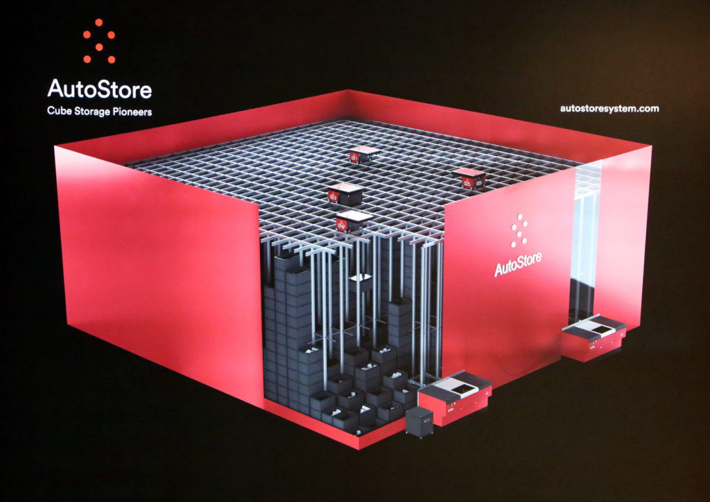 AutoStore cube storage diagram illustrating the compact grid structure and vertically stacked inventory bins.