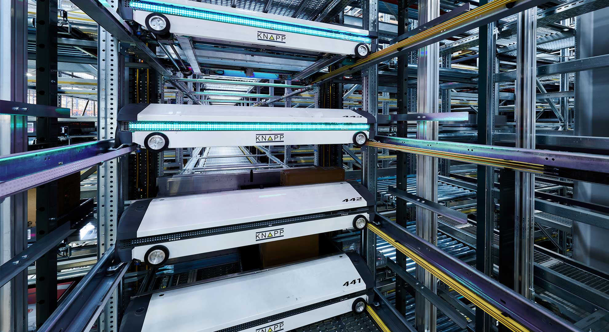 Evo Shuttle, AeroBot, and Evo Crane provide high-density automated storage and retrieval.