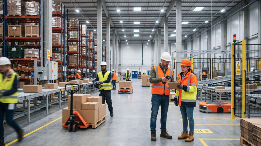 Workers operating alongside advanced robotic systems and automated equipment inside a modern distribution facility.